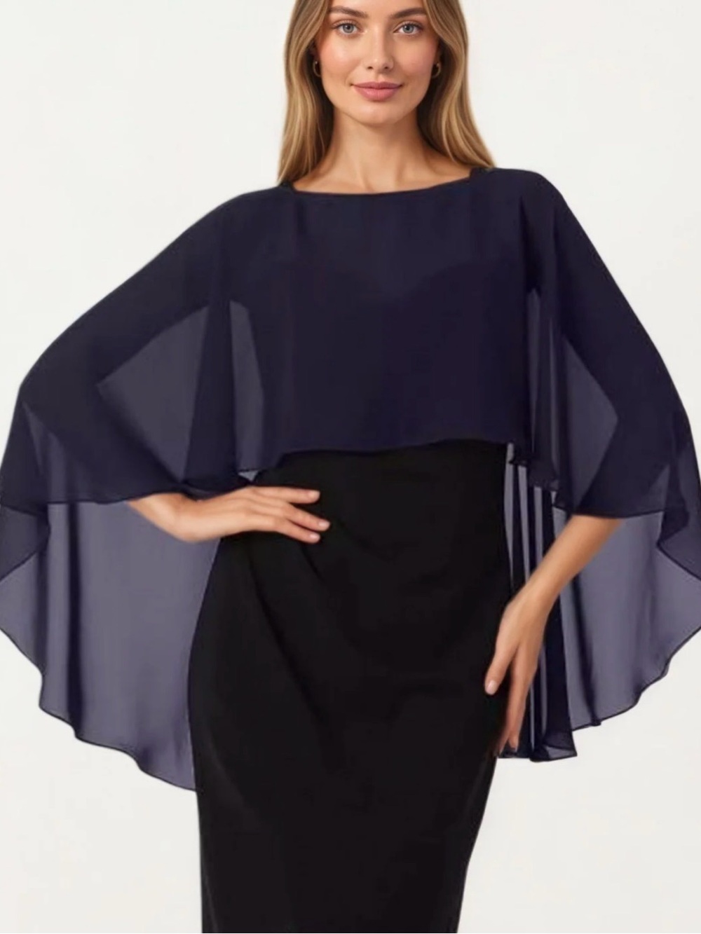 Anna-Kaci flowing Navy Chiffon Capelet Overlay 19”